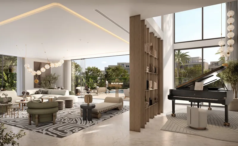 Interior render of a double-height Mirage living room with a timber screen and a grand piano