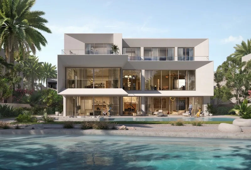 Render of a three-storey Mirage villa with a garden terrace facing a lagoon