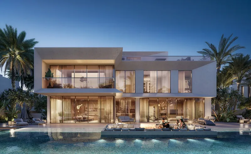 Render of a Mirage villa at dusk seen across its private pool and sunken seating