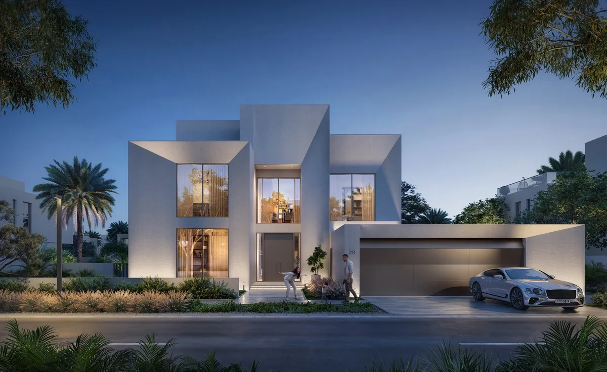 Render of a contemporary Mirage villa at dusk with a double garage and lit glazed facade