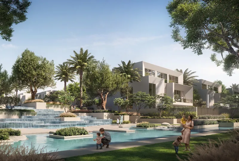 Render of a cascading water garden with lawns and planting in front of Mirage villas