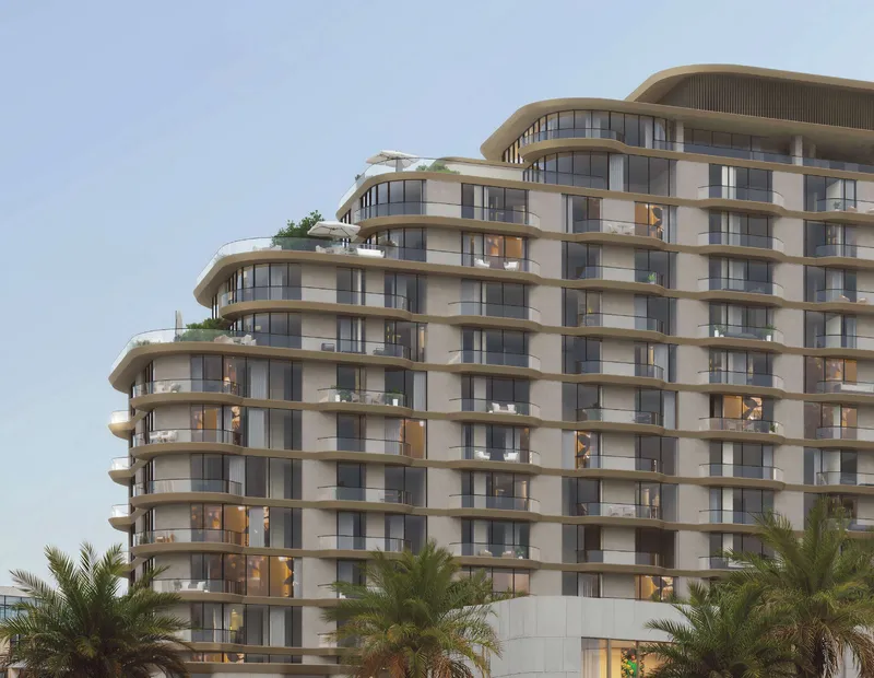 Render of the stepped terraces of a Mirasol II building with palms in front