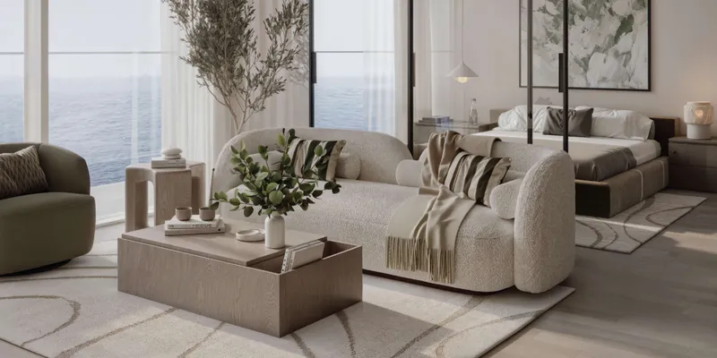 Render of a living room with sea views in a Mirasol II apartment