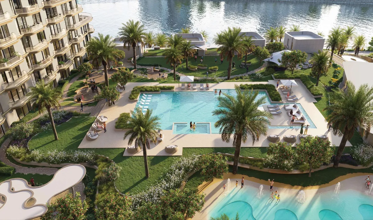 Aerial render of the Oasis pool and gardens at Mirasol II