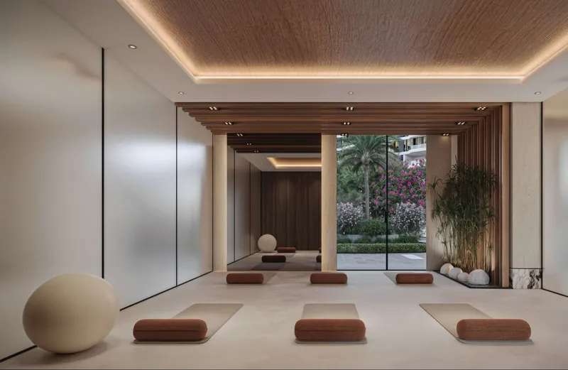 Render of the indoor yoga studio at Mirasol II