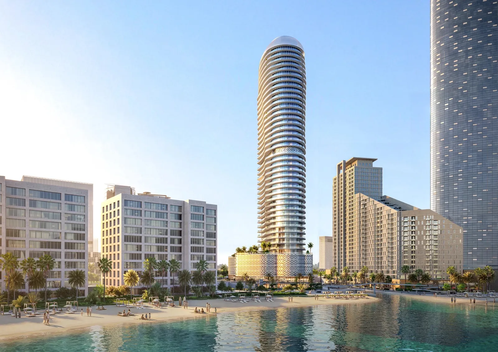 The oval Waterfront by Missoni tower rising above a beach and lagoon on Al Reem Island, with a zigzag-patterned podium