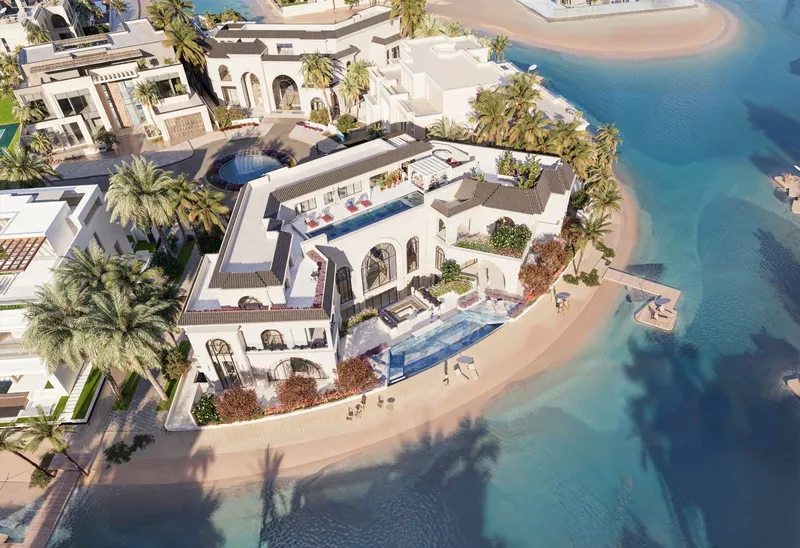 Aerial render of Monaco Mansions villas on a lagoon beach in Azizi Venice