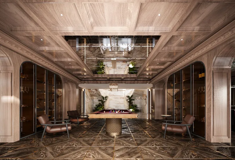 Render of the basement entertainment lounge with a bar and billiard table in a Monaco Mansions villa