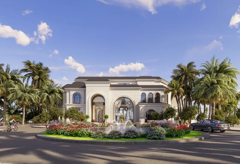 Render of the entrance and landscaped forecourt of a Monaco Mansions villa