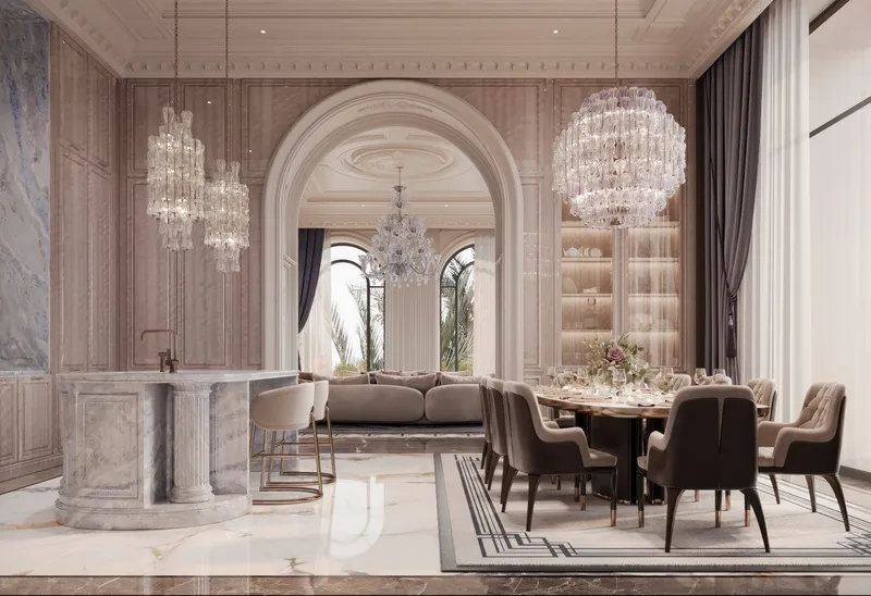 Render of the formal dining room in a Monaco Mansions villa