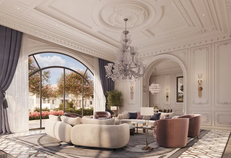 Render of the formal living room with arched windows and a chandelier in a Monaco Mansions villa