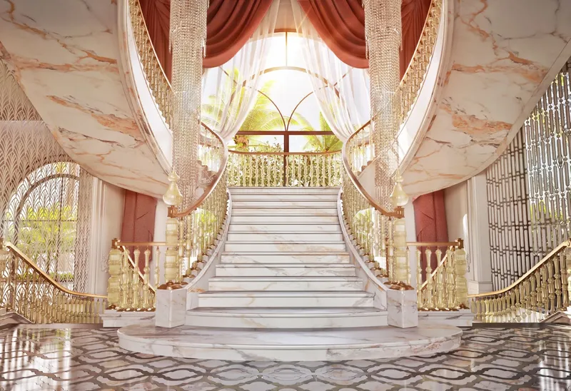 Render of the entrance foyer with a double marble staircase in a Monaco Mansions villa