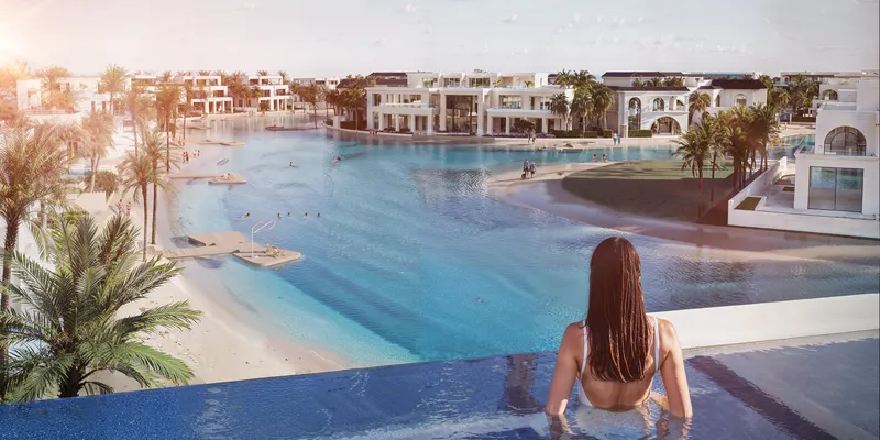 Render of Monaco Mansions along the crystal lagoon in Azizi Venice, Dubai South