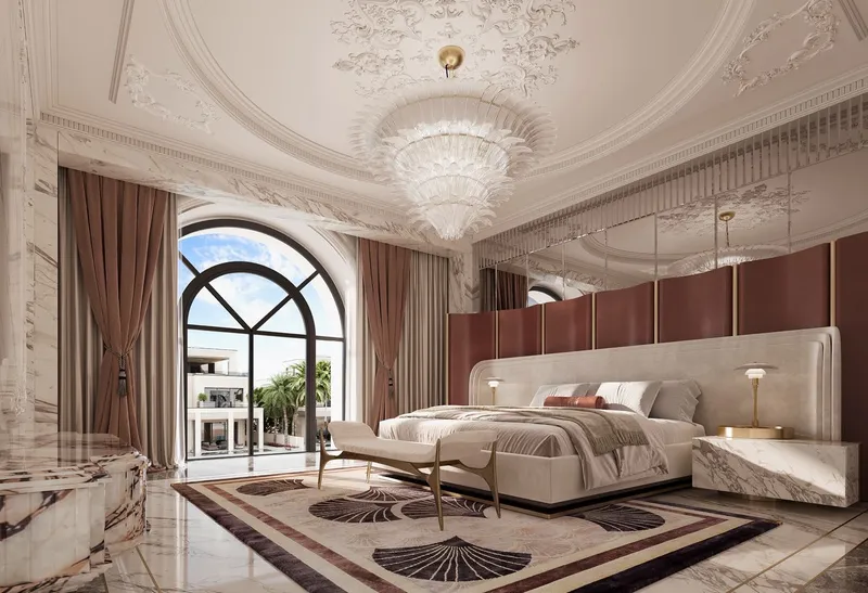 Render of the master suite with an arched window in a Monaco Mansions villa