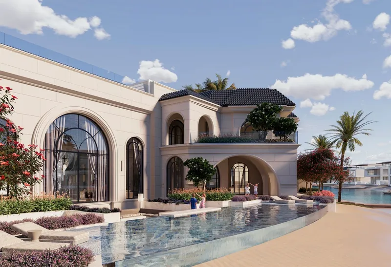 Render of the garden terrace and swimming pool of a Monaco Mansions villa beside the lagoon