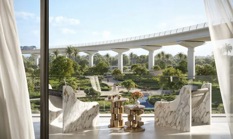 Render of a Montiva by Vida balcony looking over Green Gate's park and the metro viaduct