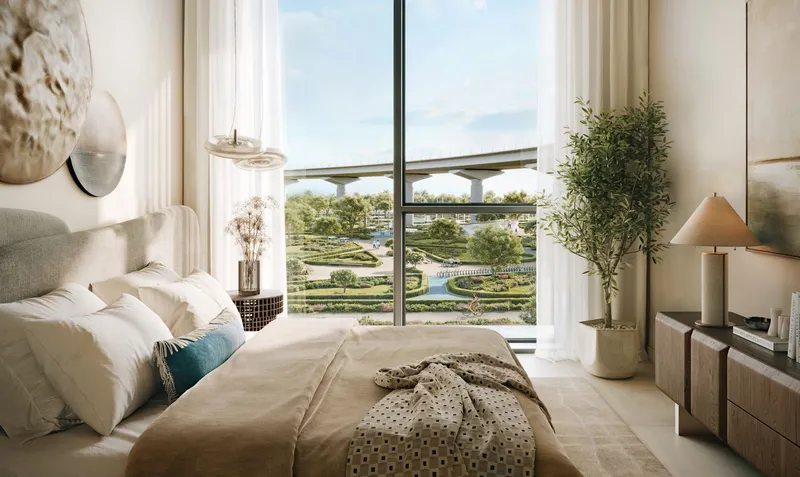 Interior render of a Montiva by Vida bedroom with full-height windows over the park
