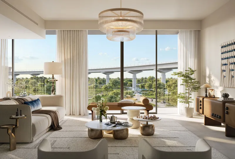 Interior render of a Montiva by Vida living room with park views