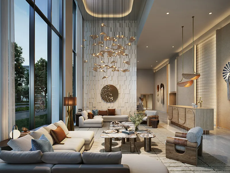 Interior render of the double-height Montiva by Vida lobby