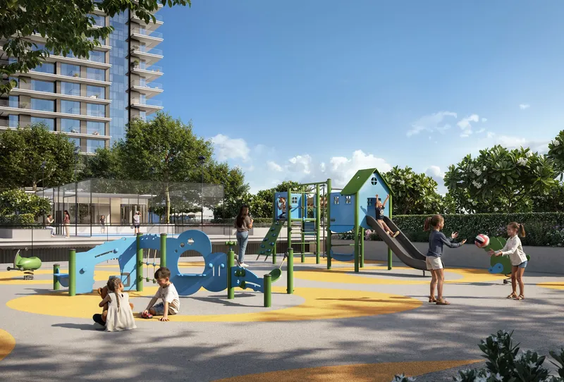Render of children on the play area at Montiva by Vida