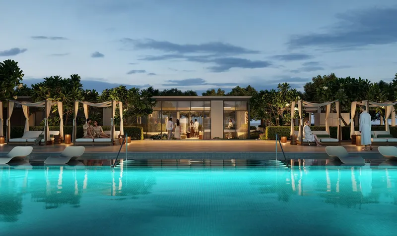 Render of the Montiva by Vida pool and cabanas at dusk