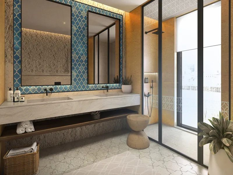 Bathroom render with a double vanity, blue Moroccan tiles and a glass-screened shower