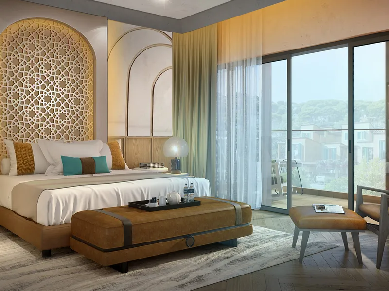 Bedroom render with a latticed arched headboard wall and sliding doors to a balcony