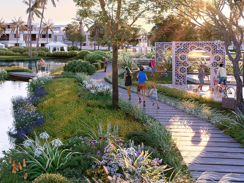 Render of a timber walkway through planted gardens beside the water, with a Moroccan tiled archway
