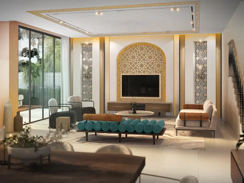 Living room render with a carved Moroccan-pattern TV wall, teal bench and full-height glazing