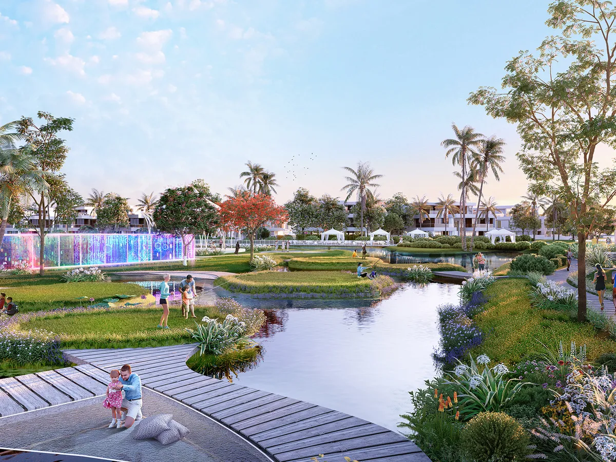 Render of ponds, lawns and a timber boardwalk in the Morocco cluster with homes in the background