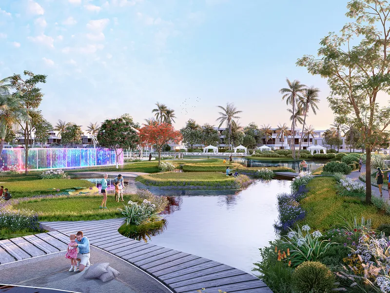 Render of ponds, lawns and a timber boardwalk in the Morocco cluster with homes in the background