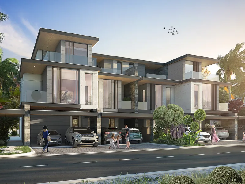 Street view render of Morocco Phase 2 townhouses with covered parking at the front