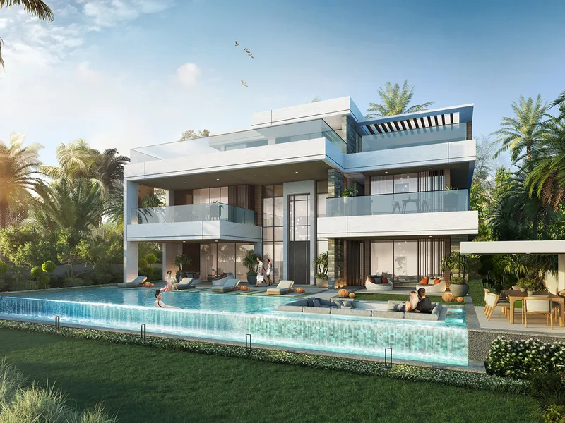 Render of a Morocco Phase 2 villa with terraces on every level, facing a long pool and lawn