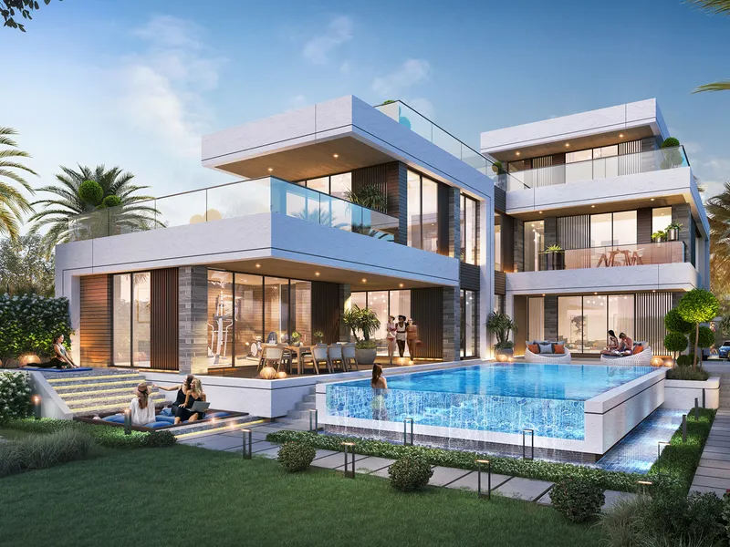 Render of a three-storey Morocco Phase 2 villa with glass balconies and a raised pool in the garden