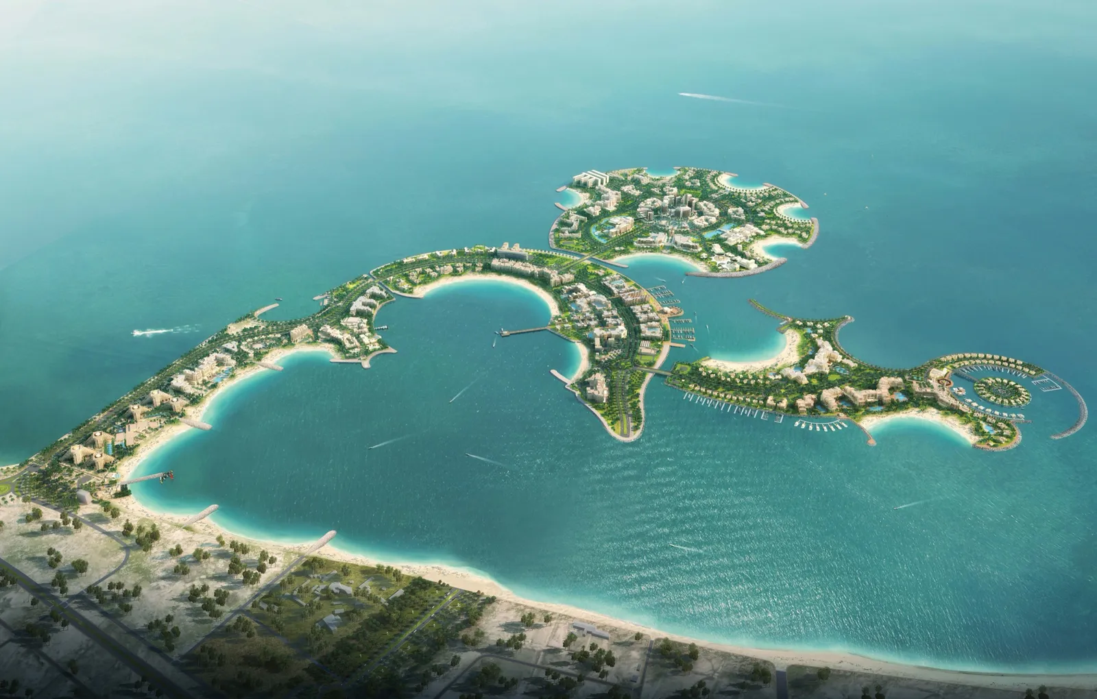 Aerial render of Al Marjan Island's four coral-shaped islands off the Ras Al Khaimah coast, with beaches, hotels and marinas