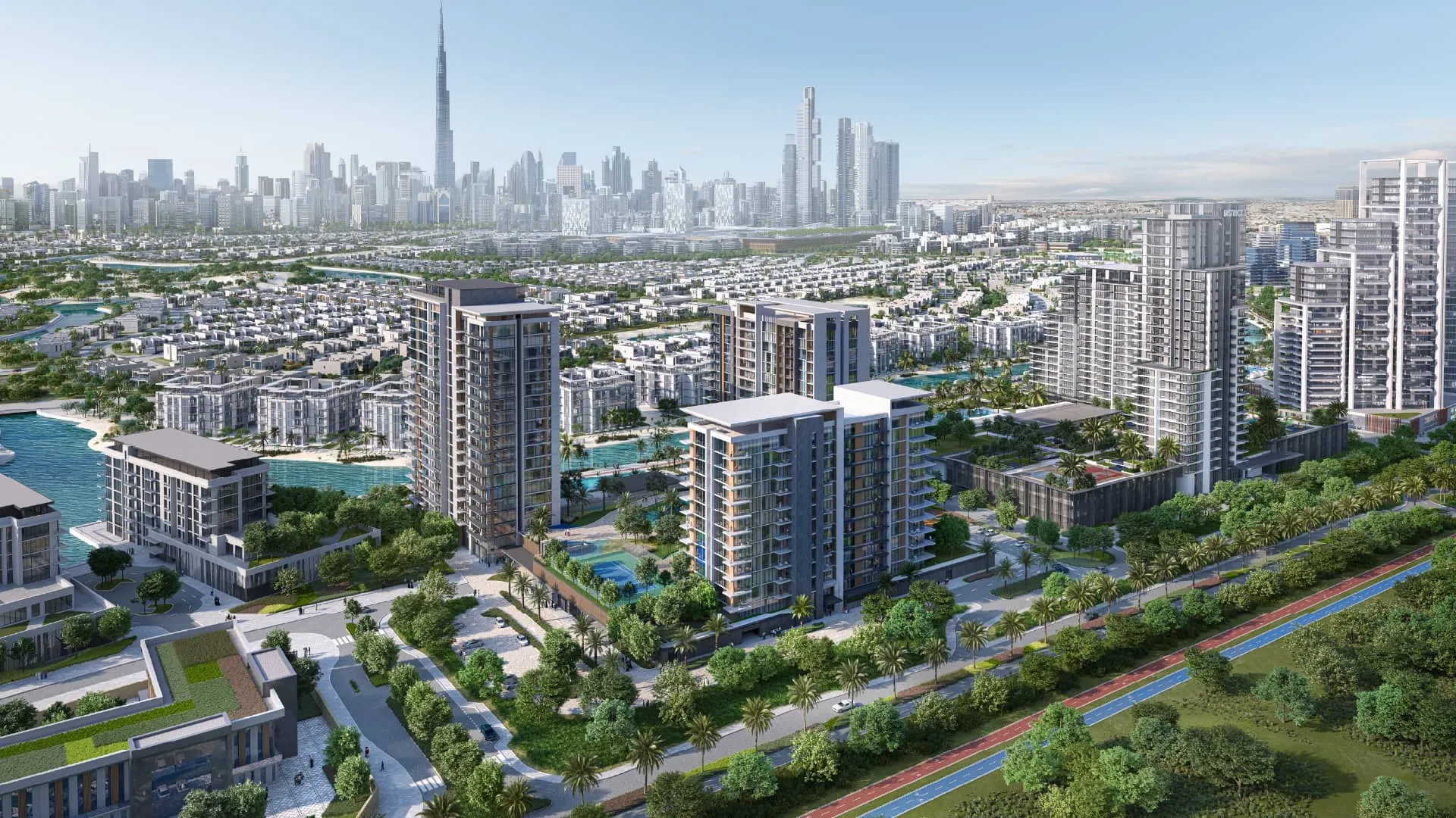 Aerial render of the Naya at District One towers among green spaces, with the Downtown Dubai skyline behind