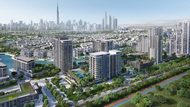Aerial render of the Naya at District One towers among green spaces, with the Downtown Dubai skyline behind