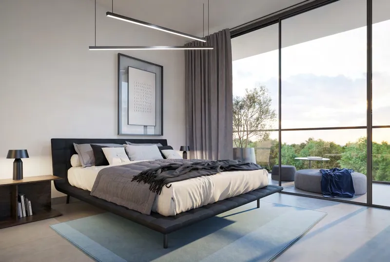 Render of a Nesba 1 apartment bedroom with a dark bed, grey curtains and full-height windows to a balcony