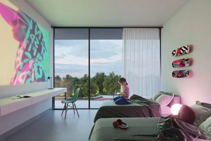 Render of a children's bedroom in a Nesba 1 apartment with two beds, a desk and a full-height window