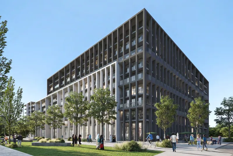 Render of the Nesba 1 apartment building at Aljada with a light grid facade, seen from a tree-lined plaza
