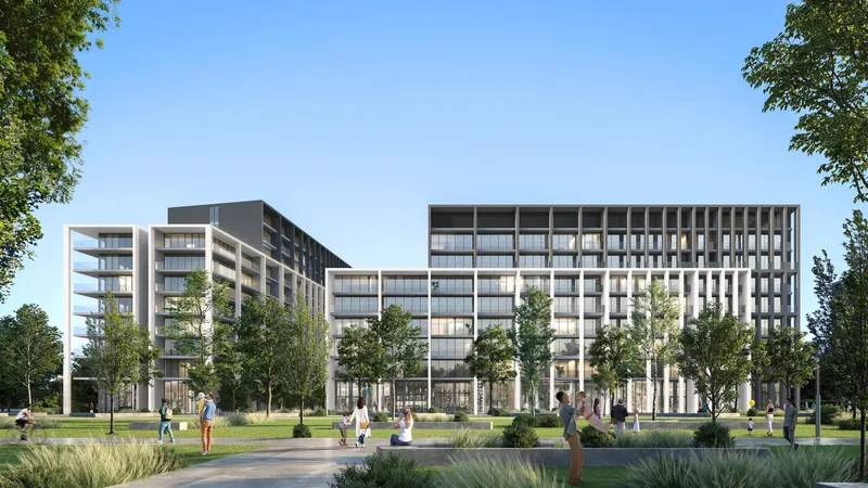 Render of the Nesba apartment buildings at Aljada, Sharjah, seen across a landscaped park with people walking and sitting on the lawns