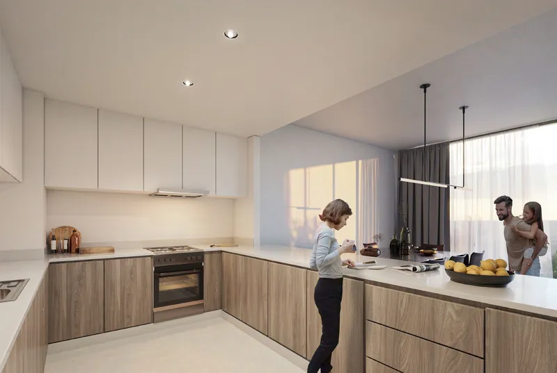 Render of a Nesba 2 apartment kitchen with timber-finish cabinets, a built-in cooker and a breakfast counter