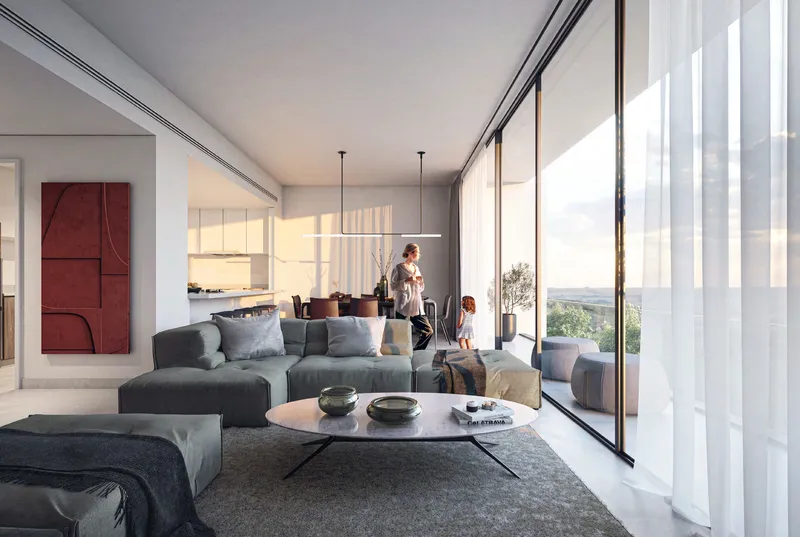 Render of a Nesba 2 apartment living room with grey sofas, a dining area and full-height sliding windows to a balcony