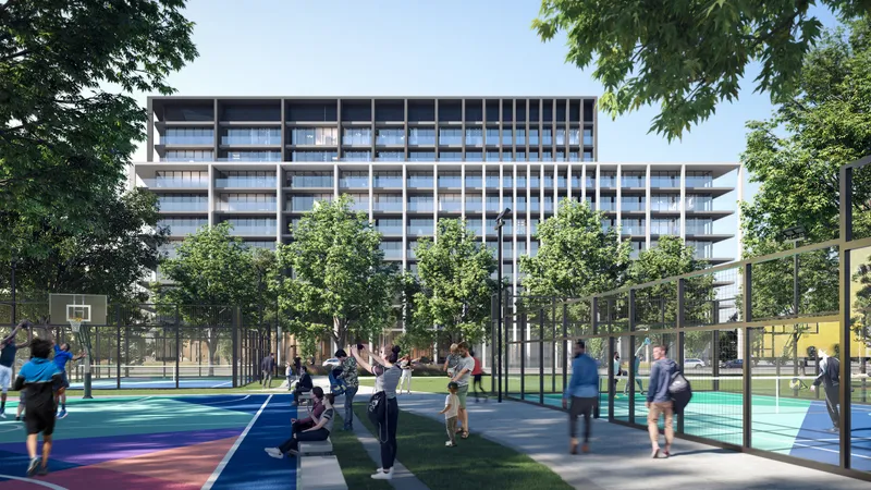 Render of the Nesba 2 apartment building at Aljada seen from the basketball and padel courts of the sports complex