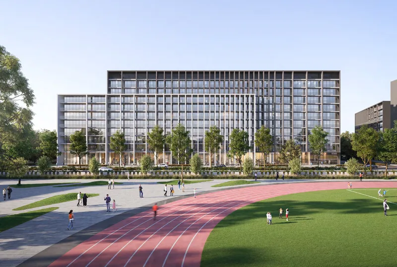 Render of the Nesba 3 apartment building at Aljada seen across the running track and football pitch of the sports complex