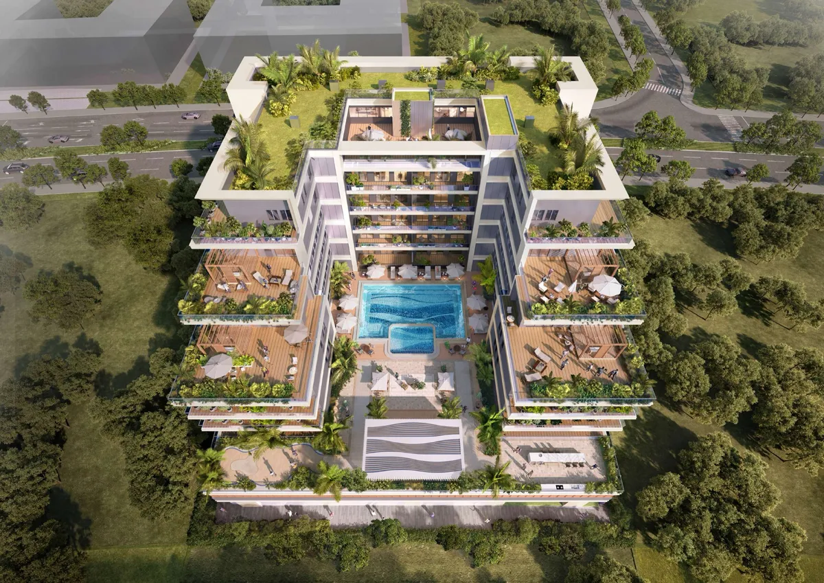 Aerial render of Nest Residence with its central courtyard pool and rooftop garden