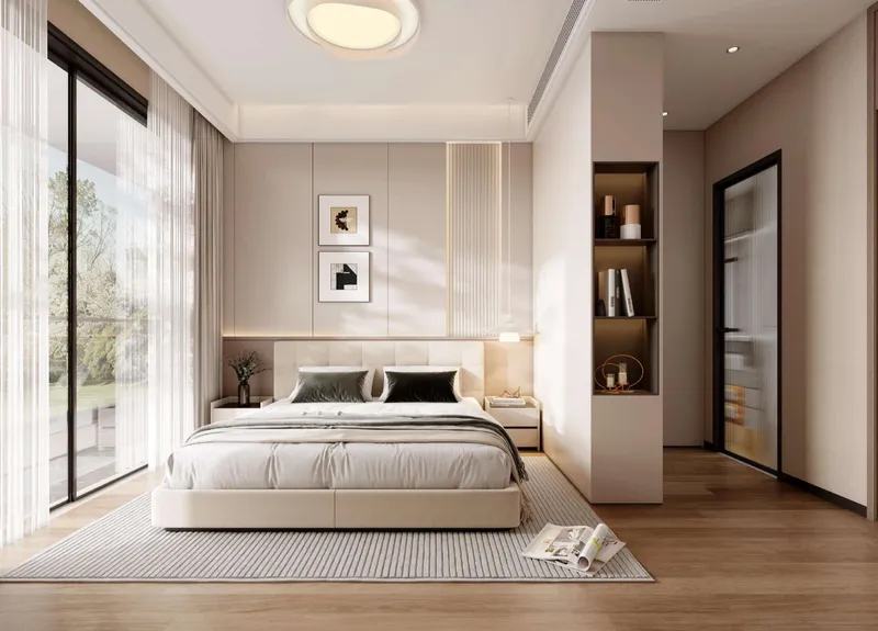 Render of a furnished bedroom with floor-to-ceiling glazing at Nest Residence