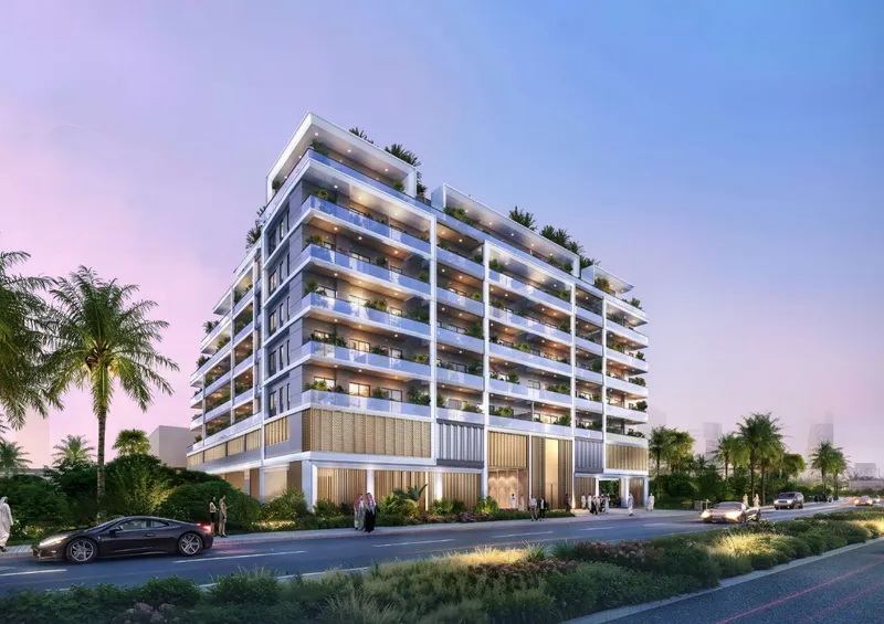 Render of the Nest Residence building from the street at dusk