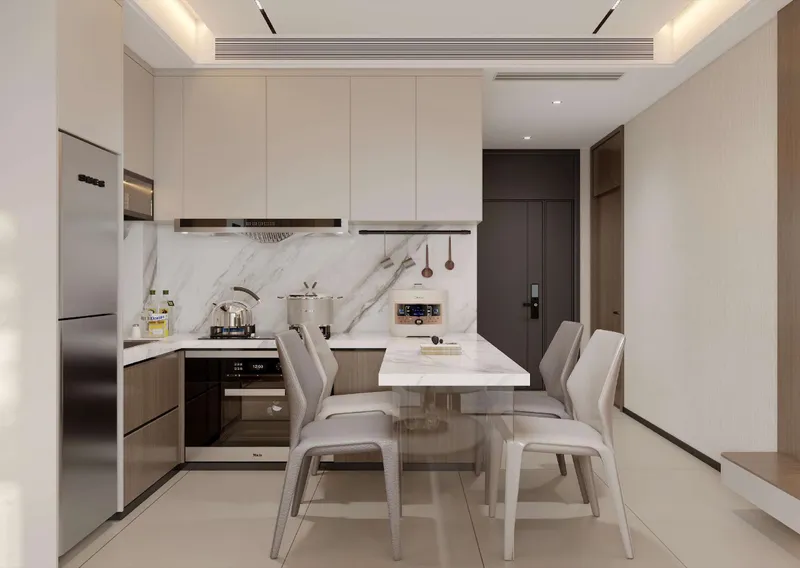 Render of a fitted kitchen and dining area at Nest Residence