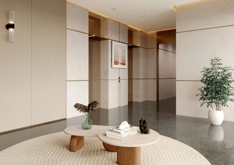 Render of the residents' lobby at Nest Residence